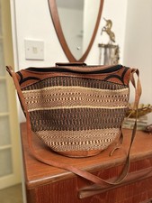 Vintage Sisal Woven Wicker Bucket Handbag Boho Hippy With Leather Strap
