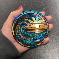 Vibrant Ocean Wave Sunset Stained Glass Effect Round Coaster Tea Coffee Gift R1