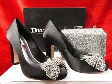 Dune 'Bambi' Embellished Bow black satin court party shoes UK 4/37 & silver bag