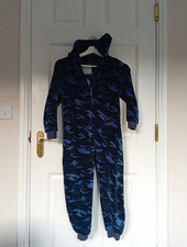 Boys Girls Blue Black Cammo fleece hooded onesey 7 Years Next 82 One Piece