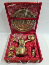 Dallah Middle East Arabic Coffee Set in Red Velvet Box with Brass Decorated Pot