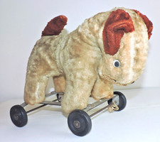 Antique TERRIER DOG PULL TOY Vintage Fox Welch Rubber Wheels Tan Plush Stuffed