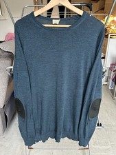 Mens Sunspel Blue 100% Merino Wool Elbow Patch Pullover Jumper Size Medium  READ