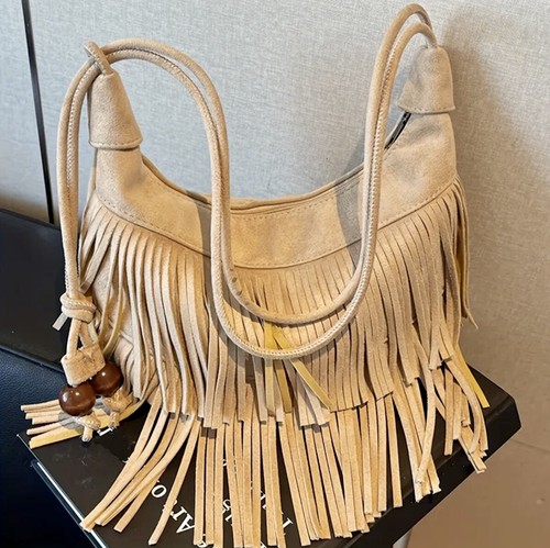 New cream fringed faux suede - faux,