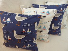 4 Cushion Covers Seagull Bird Print 16 inch Blue Red White Seaside Handmade 40cm