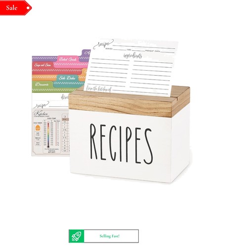 Wooden recipe box with 100 - recipe,