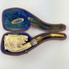 Antique Carved Meerschaum Pipe Of A Lion  15cm Cased Silver Mounted A/F