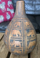 Large Vintage African Hand Carved Gourd Calabash Elephant Rhino etc Vase