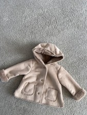 Baby Girl Zara Neutral Moleskin Fur Lined Hooded Coat Age 1-3 Months