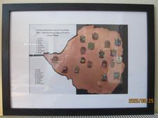 19 Major Rhodesian Towns & City Badges 1960 - 1982 Mounted on Map of Rhodesia.