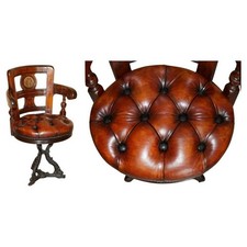 ANTIQUE VICTORIAN RESTORED BROWN LEATHER CHESTERFIELD TUFTED CAPTAINS CHAIR