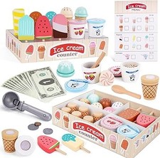 Wooden Ice Cream Toy Set for Toddlers Kids Play Kitchen Pretend Food Gift 3-5 yr
