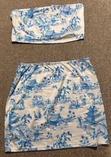 2 Piece Oriental Blue & White Skirt & Top Size Size Large Womens Ladies Matching