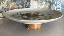 Antique Porcelain cake plate Wood stand Unique One Off Poppies Signed Plate