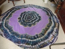 Table cloth round linen pretty multi coloured blues, greens purples diameter 72"