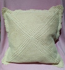 Hand made Crochet Beige Cotton Cushion Cover 16" x 16" Cottage Core Shabby Chic