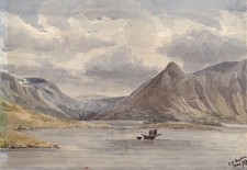 BOAT ON MOUNTAIN LAKE LANDSCAPE Watercolour Painting 1897 INDISTINCTLY SIGNED