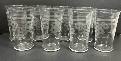 Floral etched juice - juice, glasses