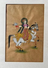Indian Miniature Painting Rajasthani Mughal Lady on Horseback Holding a Bird.