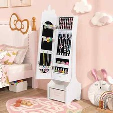 Wooden Jewelry Organizer Floor Mirror Jewelry Armoire Cabinet w/ Drawers-White