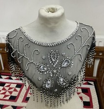 Vintage Net Evening Shawl Collar Wrap Diamante Sequins Black Silver Beads Beaded