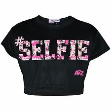 Kids Girls Crop Top #Selfie Black Trendy Floss Fashion Stylish Belly Shirt Tees