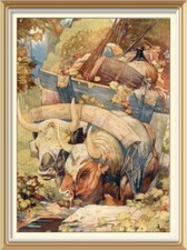 Vintage c1976 Lithograph Art Print OXEN & AXLE-TREES by EDWARD JULIUS DETMOLD