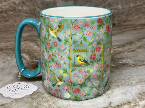 Large coffee mug yellow - coffee, birds