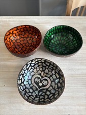 3 x Coconut Shell Bowls Mother of Pearl Green and Red Laminated Eco Friendly