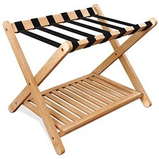 Luggage Rack, Foldable Bamboo Suitcase Stand with Storage Shelf for Guest