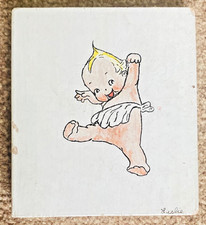 Small Vintage Hand-Painted Wooden Tile – Signed Illustration– One of a Kind