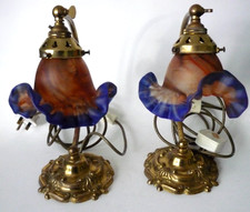 Christopher Wray Pair Of Brass Bedside Lamp & French Vianne Glass Shades 1980's