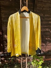 Yellow Vintage Silk Embroidered Jacket 12 14 Medium Velvet Cuffs Mandarin Collar
