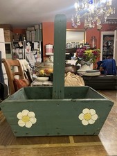 Lovely, Vintage, Floral, Hand Made, Painted,  Green Garden Trug with Handle.  