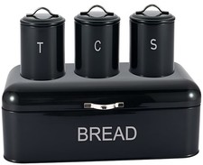 4PC Black Stainless Steel Bread Bin Set Kitchen Storage Tea Coffee Sugar Caniste