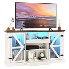 Farmhouse Entertainment Center TV Cabinet for TVs up to 68” w/LED Lights-White