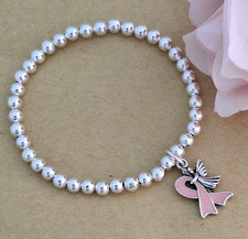 Silver 925 Plated 5mm Bead Bracelet Breast Cancer Aware Pink Ribbon Angel Charm