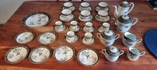 Vintage Japanese Tea Set white & Black Design Hand Painted Foreign Stamp