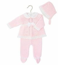 BABY GIRLS KNITTED OUTFIT SPANISH PINK LACY PRAM SET & BONNET NEWBORN GIRL GIFT