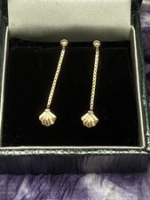 Vintage 9ct Gold Clam Shell On Chain Drop Pendant Earrings Pierced Hallmarked