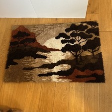 Vintage Mid-Century Latch Hook Brown Orange Landscape Wool Floor Rug – Great!