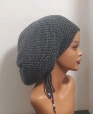 Handmade Adjustable Charcoal Crochet Tam Hat Dreadlock w drawstring beanie