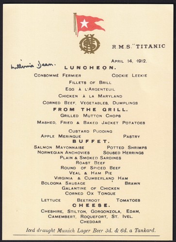 Menu card signed millvina - a,