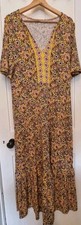 BODEN Yellow Printed Notch Neck Jersey Maxi Dress UK 16 R Tiered Waist Tie Boho