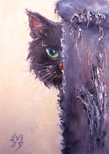 Naughty Black Cat Original Oil Painting Animal Wall art Cat Canvas 5x7 inches