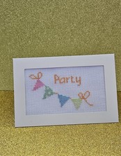 Handmade 'Party' Greeting Card Cross Stitched with Envelope Blank Inside 6x4"