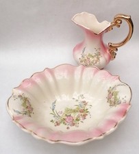 Vintage Wash Bowl & Pitcher Set Wildflower Strawberry Pattern Ceramic