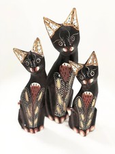 Carved Wooden Cat Ornament 35cm Set of 3 Cats Gift Wood Statue