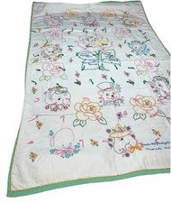 Vintage Handmade Baby QUILT Hand-Embroidered ANIMALS ROSES 34”X50” 1960s Blanket