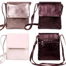 Women's Ladies Real Soft Leather Crossbody Shoulder Bag Metallic Flap Over